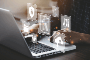 person using laptop with transparent icons overlaid