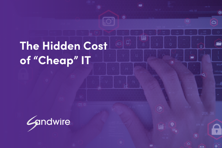 The Hidden Cost of "Cheap" IT written in white text over purple background with person typing on laptop
